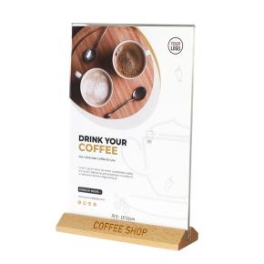 L Shape Clear Acrylic Frame Wood Base, Table Menu Display Stand Flyer Display