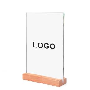 L Shape Clear Acrylic Frame Wood Base, Table Menu Display Stand Flyer Display