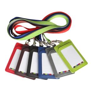 PU Leather Neck ID Card Holder With Nylon Lanyard